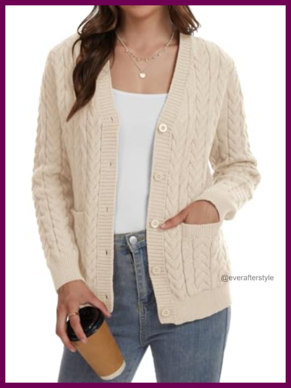 Cable Knit Open Front Cardigan Sweater Button Up V Neck Chunky with Pockets